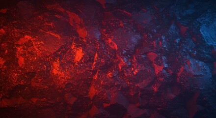 Abstract Rock Formation: A dramatic and abstract view of a rough rock surface illuminated with a combination of red and blue light creating a visually striking display of texture and color.