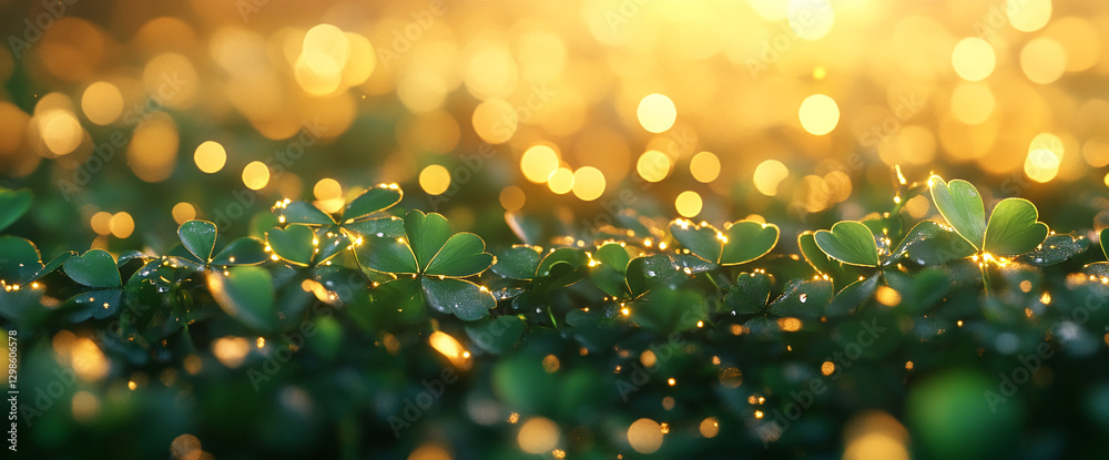 Poster Close-up view of clover leaves sparkling with dew drops, illuminated by golden bokeh light, symbolizing good luck and nature, perfect for St. Patrick's Day and spring themes.