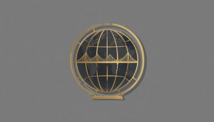 Close-up crisp globe icon with bridges in black and gold