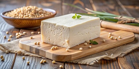 Creamy white block of homemade tofu cheese sitting on a wooden cutting board with natural grain texture and slight unevenness , food photography, natural ingredients