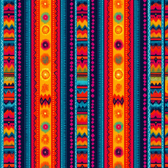 Vibrant ethnic pattern featuring colorful geometric designs and intricate details.