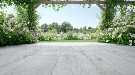 Wooden Patio Covered with Flowers, Sunny Day, Garden View, Ideal for Product Display