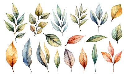 Watercolor leaves in various shapes and colors showcasing nature's diversity