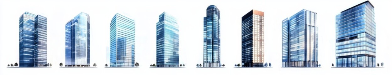 Fototapeta premium The image depicts a modern office skyscraper with a glass facade, captured on a sunny day, isolated on a white background with a resolution of 300dpi