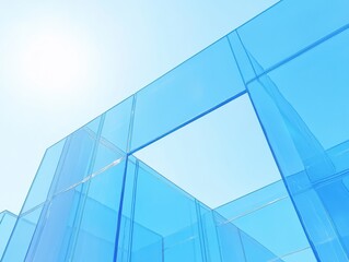 Abstract Blue Glass Structures Against Clear Sky, Modern Architectural Elements Reflecting Light and Creating Innovative Patterns in Urban Environment