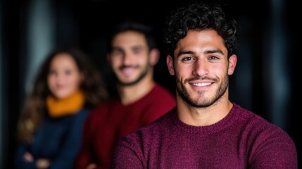 Fototapeta premium Smiling Muslim Man in Casual Outfit with Woman in Background, Modern Style
