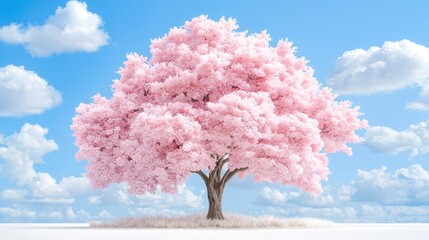 Fototapeta premium Pink blossom tree, spring sky, serene landscape, nature scene