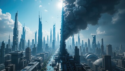 A bold futuristic cityscape that is dramatically split in two—one side radiates vibrancy and modernity, while the other descends into darkness and dystopia—forcefully showcasing the undeniable impact 