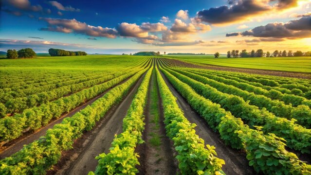 Lush green fields with rows of currant bush seedlings stretching as far as the eye can see in a panoramic view of nature's vibrant colors, fruit bushes, field views