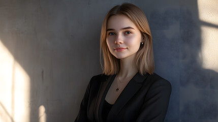 Fototapeta premium Confident young businesswoman posing in a professional portrait against a grey wall with soft natural light from the side, showcasing her leadership, determination, and business acumen.