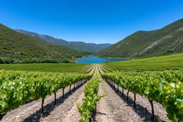 Fototapeta premium A scenic vineyard growing on terraced hills, overlooking a peaceful river valley