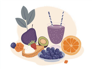 Flat design illustration of a healthy breakfast with avocado toast, smoothie, and fruits, using simple shapes, vibrant colors, and clean lines