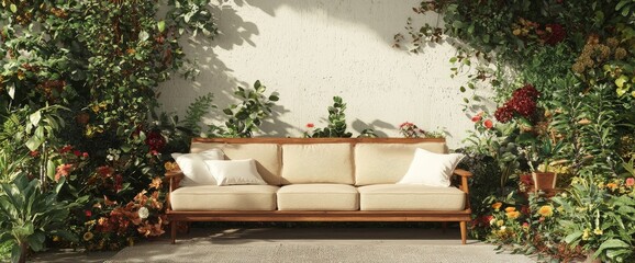 Neutral cushions and pillows adorn the wooden sofa designed for outdoor spaces