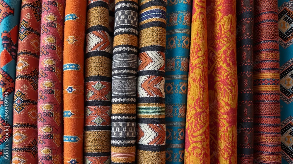 Poster A row of colorful fabrics with a variety of patterns