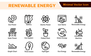 Renewable Energy Icon Set. A dynamic collection of icons showcasing sustainable energy solutions, perfect for environmental projects, educational materials, and green technology applications.