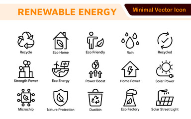 Renewable Energy Icon Set. A dynamic collection of icons showcasing sustainable energy solutions, perfect for environmental projects, educational materials, and green technology applications.