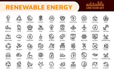 Renewable Energy Icon Set. A dynamic collection of icons showcasing sustainable energy solutions, perfect for environmental projects, educational materials, and green technology applications.