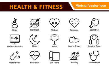 Health and Fitness Icon Set. Vector Icons for Exercise, Wellness, Nutrition, Gym, Yoga, and Healthy Lifestyle