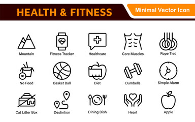 Health and Fitness Icon Set. Vector Icons for Exercise, Wellness, Nutrition, Gym, Yoga, and Healthy Lifestyle