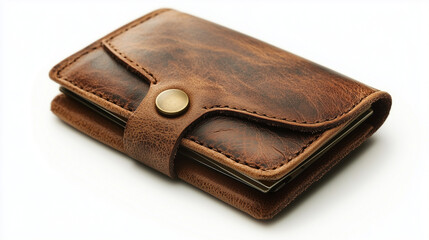 Sleek brown leather wallet with gold-tone button closure, perfect for stylish and practical everyday use on a white background