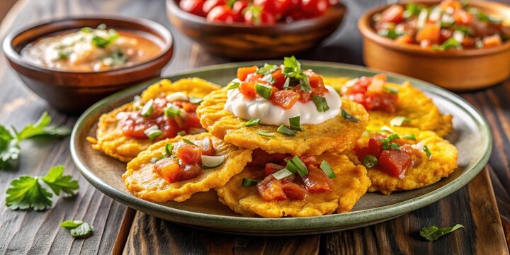 Crunchy tostones on a plate with melted cheese and salsa, crunchy, golden,  crunchy, golden, health, tropical, chips