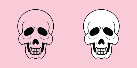 Minimalist skull illustration in two styles: black line art and white fill with a black stroke