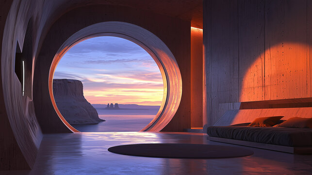 Futuristic minimalist interior with circular window overlooking a stunning desert canyon and lake at sunset, modern serene retreat - Powered by Adobe