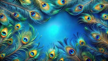 Iridescent peacock feathers scattered around a vibrant blue background with intricate patterns