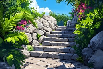 Obraz premium The greenery and light and shadow on the ancient stone steps