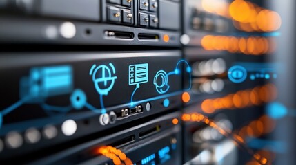 Fototapeta premium Server rack with blue icons showing a data flow, network technology