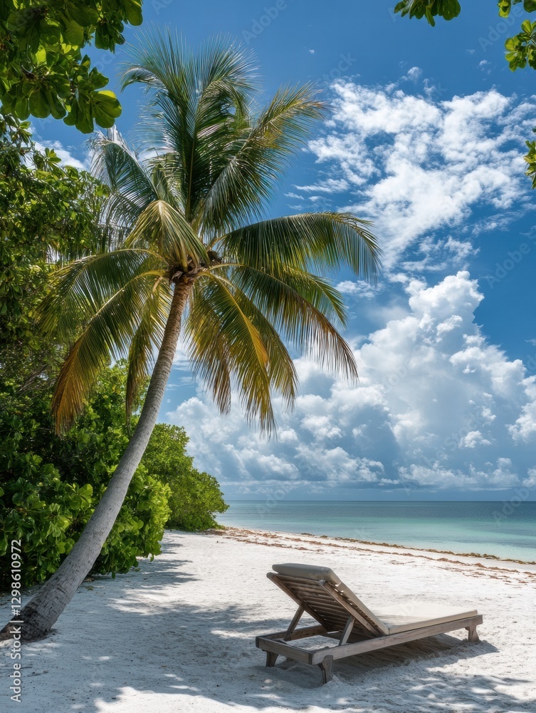 Aufkleber Relaxing beach scene with a lounge chair under a palm tree on a sunny day by the sea. Generative AI