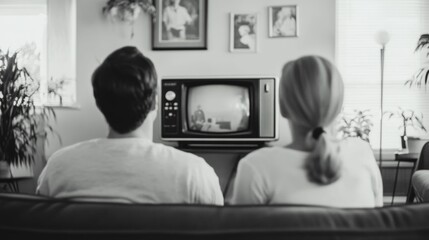 Family enjoying a black-and-white classic movie on an old TV, sitting on a retro couch with vintage decor in the background