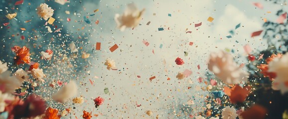 Neutral tones serve as the perfect canvas for a colorful explosion of confetti, ideal for any celebratory event