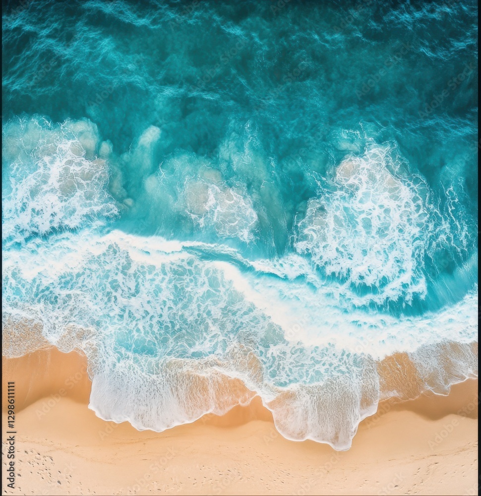 Aufkleber an aerial view of ocean waves on the sand, capturing their movement and energy with a drone camera. 
