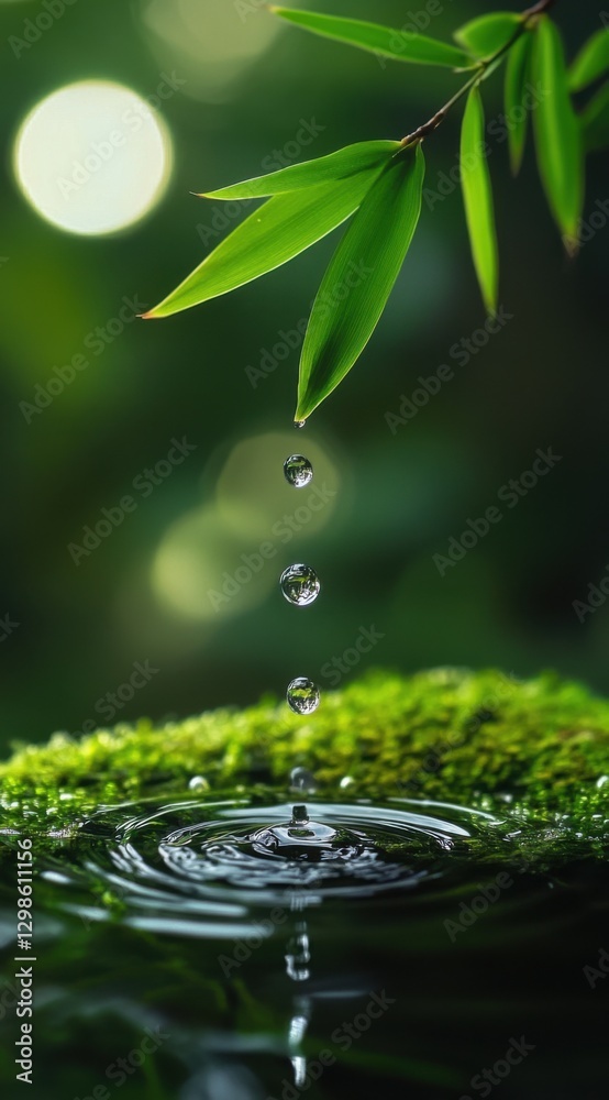 Poster a drop of water falls from a bamboo leaf with moss and light shining through the leaves in the backg