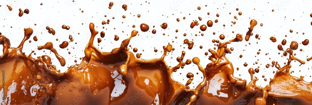 Poster dynamic splashes of brown liquid create artistic patterns in a vibrant display