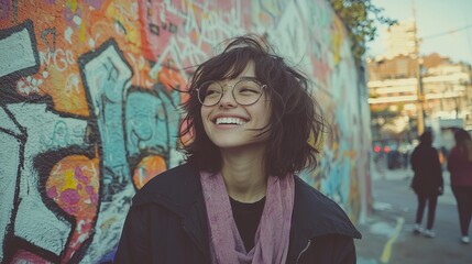 Fototapeta premium A colorful street art background serves as the setting for a candid shot of a smiling nonbinary individual