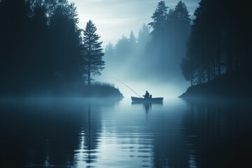 Fototapeta premium Fishing at dawn in the serene waters of Sweden surrounded by misty forests