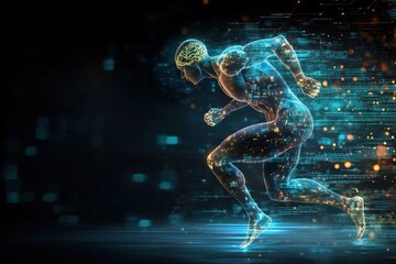 Fototapeta premium Conceptual Digital Human Running with Brain Highlight