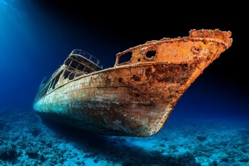 A shipwreck covered in coral growth, now home to diverse marine species