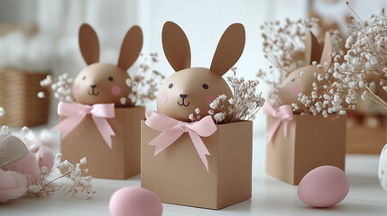 Adorable Easter bunny decorations with pastel pink bows and eggs, perfect for festive and holiday photography