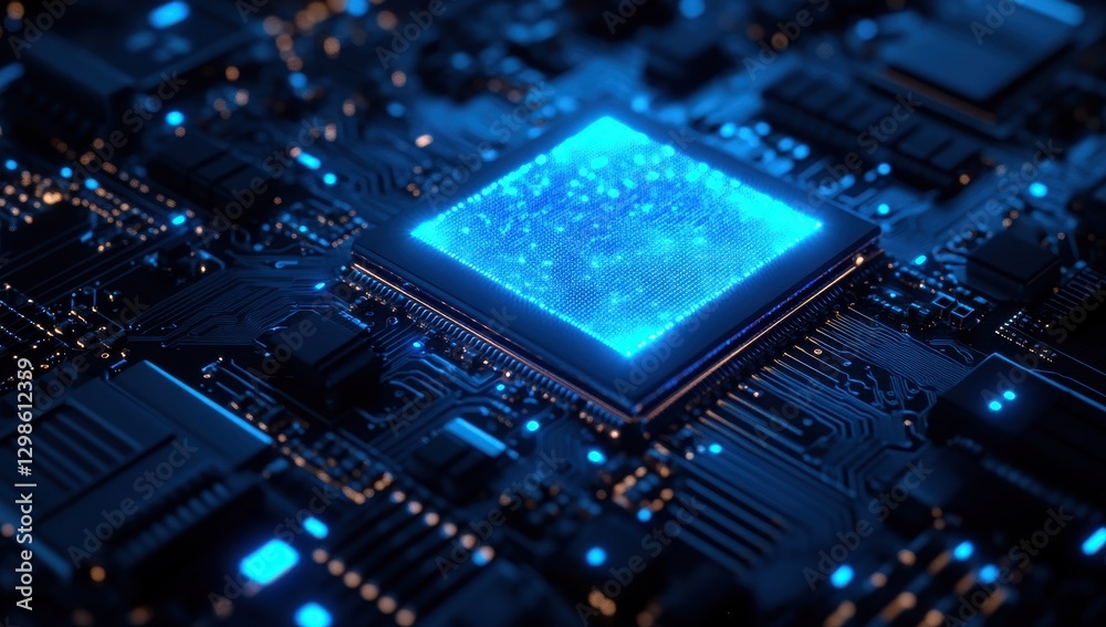 Poster abstract close-up of a futuristic circuit board with glowing blue processor, illuminated components,