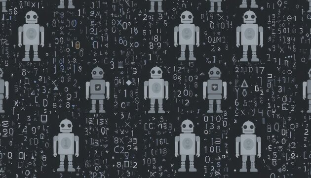 Seamless binary code and robots pattern in dark grays