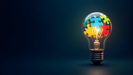 Glowing Puzzle Lightbulb on Dark Background for Autism Awareness Day