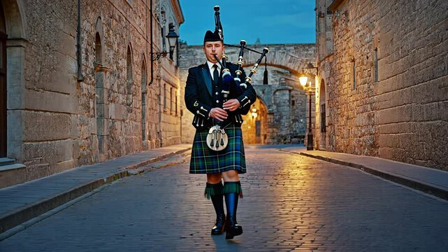 a man playing bagpipes dressed in national Scottish clothes walks along the street of the fortress in the evening