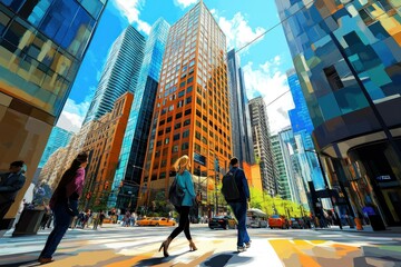 Obraz premium Vibrant urban street scene with pedestrians crossing, showcasing modern architecture and bright colors in a bustling city environment