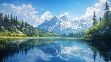 Fototapeta premium A tranquil lake with crystal-clear water reflects the majestic snow-capped mountain range and lush pine forest under a bright blue sky