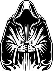 Dark fantasy SVG vector features Dark Knights and Cursed Warriors. Mysterious Figure in Cloak Holding Sword with Flames Background