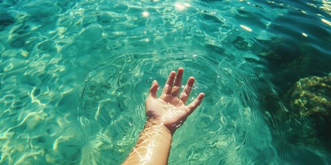 Hand reaching into clear turquoise water on a sunny day near a rocky shoreline