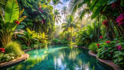 Dense foliage of exotic leaves and vines surrounds a serene natural pool surrounded by towering palm trees and vibrant tropical flowers in an idyllic setting, natural pool, exotic plants